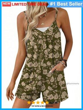 Sleeveless V-Neck Romper Adjustable Spaghetti Strap Side Pockets